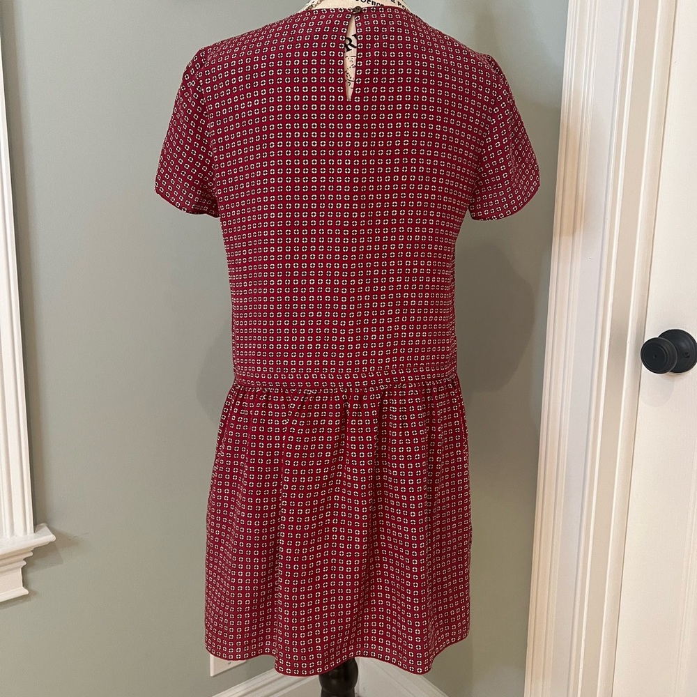 Madewell Silk Ascot Tile Maroon Red white short sleeve Drop Waist dress | Size 0 - Picture 9 of 14